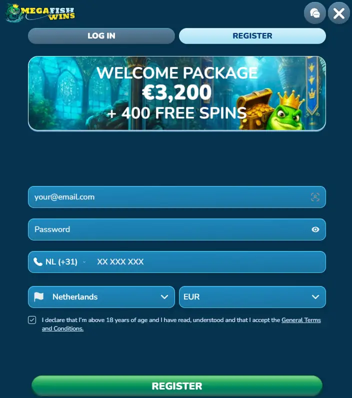 megafishwins casino register